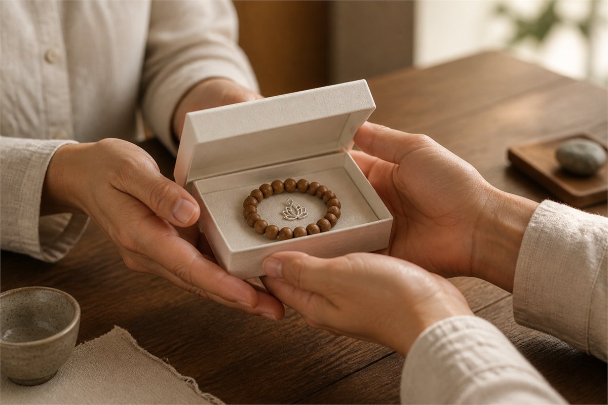 Two people exchanging an ivory gift box with a wooden mala bracelet and plain lotus pendant