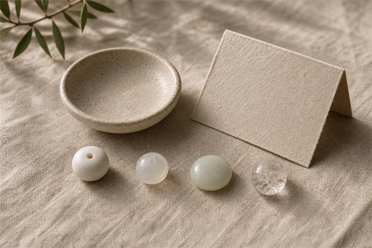 Matte white ceramic, translucent milky glass, pale jade-like stone, and clear included quartz beads arranged on undyed linen