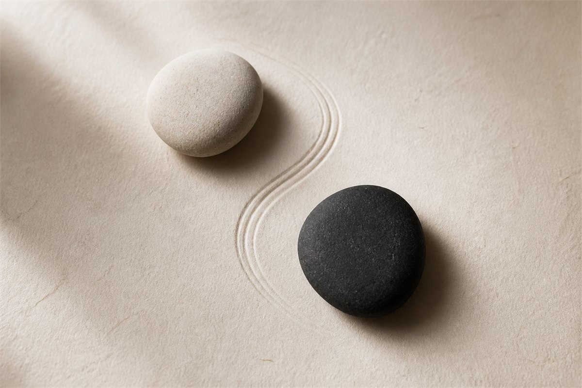 A pale stone and a charcoal stone arranged around a flowing curved line on handmade paper.