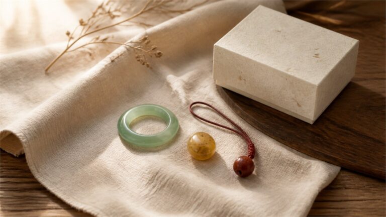 Three understated keepsakes and a handmade gift box arranged on warm ivory linen