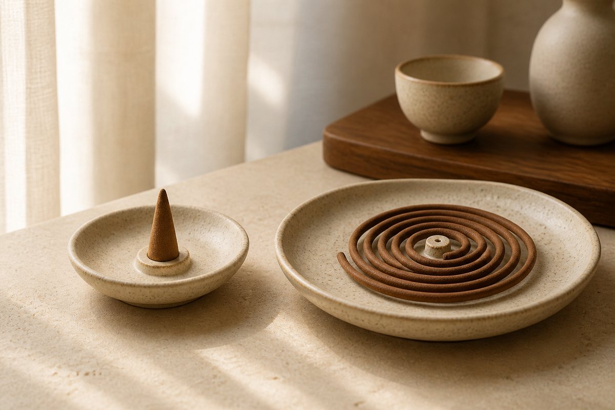 An unlit incense cone and an unlit incense coil resting separately in broad ceramic holders