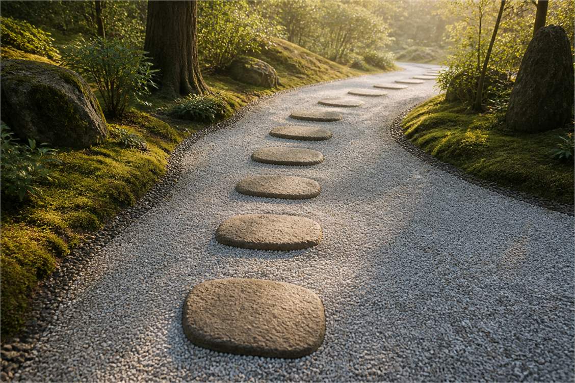 Natural stepping stones forming a coherent path through a quiet gravel garden.