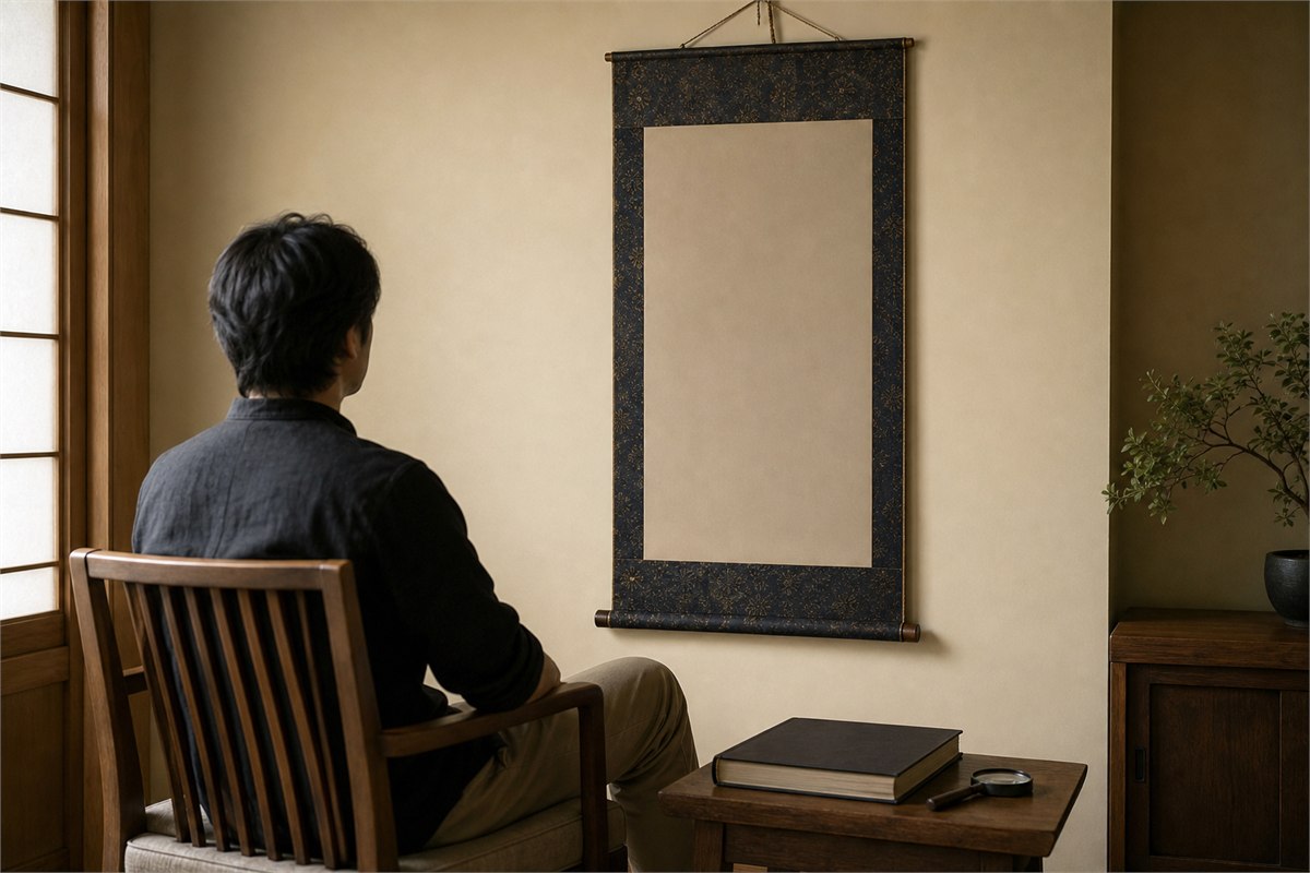 Viewer seated before a covered textile scroll with a closed reference book and magnifying glass nearby