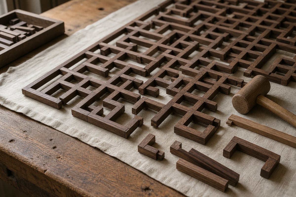 Interlocking walnut lattice units being assembled on a linen-covered workbench