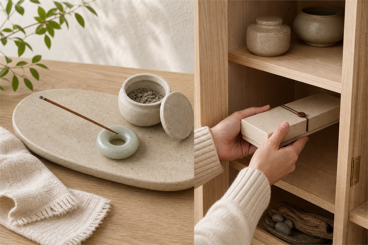 Cool ceramic incense holder, cold ash container and closed incense box being stored in a dry cabinet