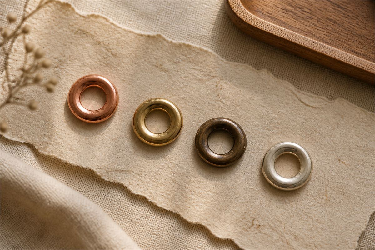 Four matching jewelry forms with reddish, yellow, dark bronze, and silver-white metal surfaces