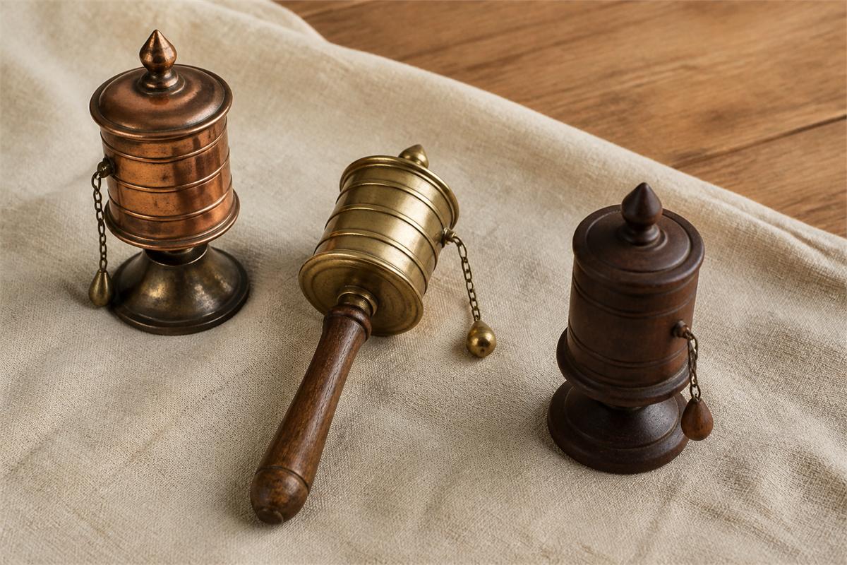 Closed copper, brass, and wood prayer wheels arranged on neutral linen