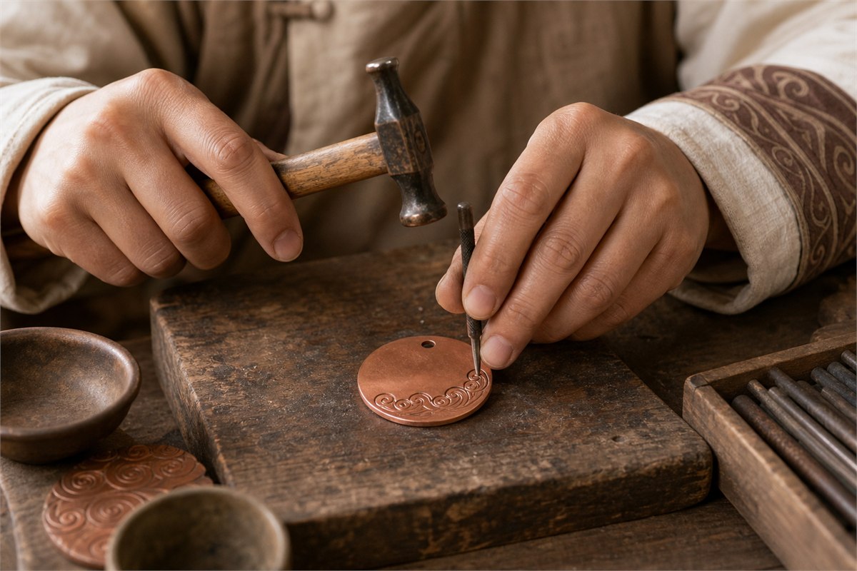 Artisan using a chasing tool and small hammer on a copper pendant blank