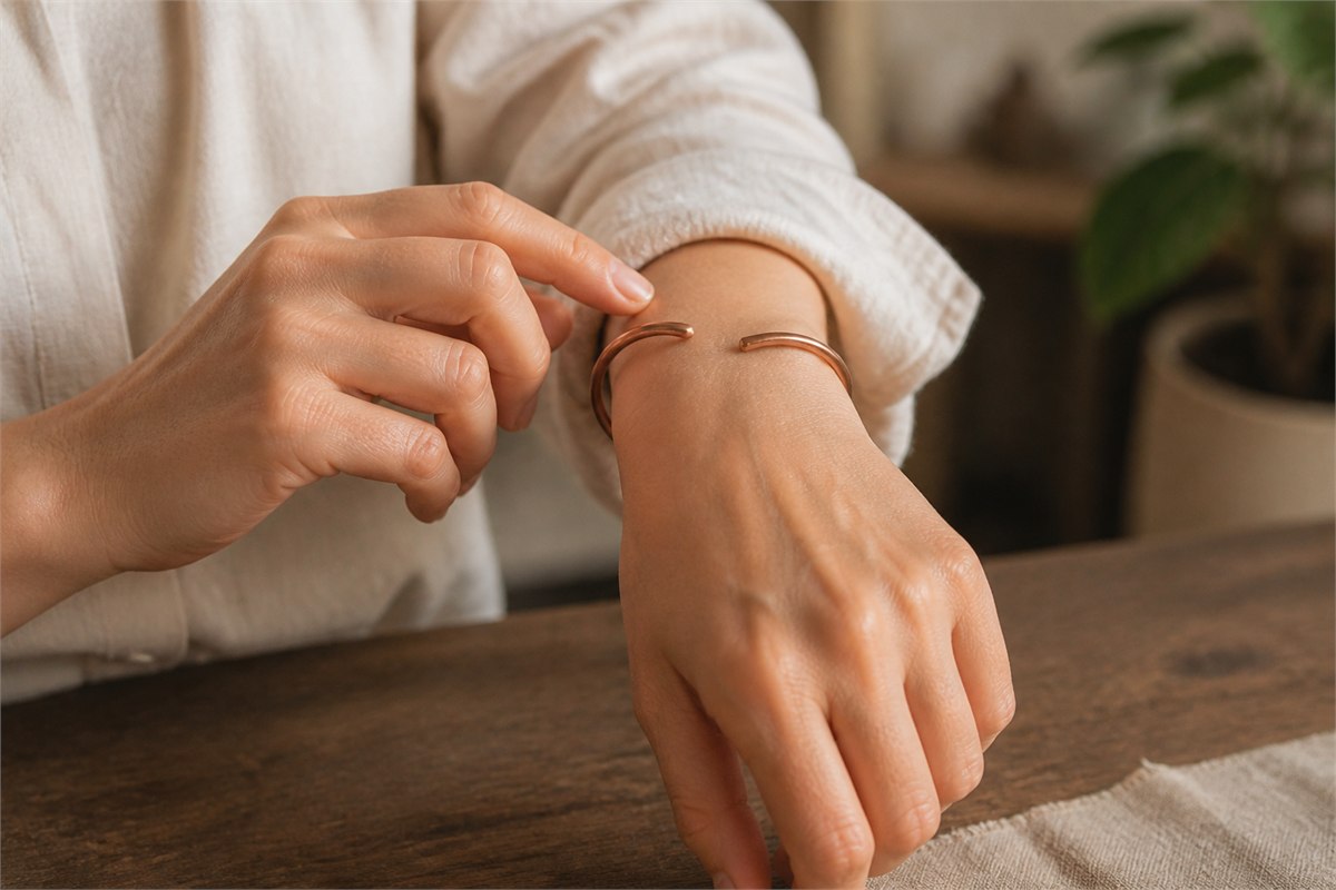 Adult checking the comfortable fit of a smooth open copper cuff on the wrist