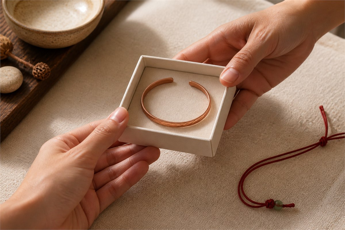 Two adult hands exchanging an ivory gift box containing a simple copper cuff