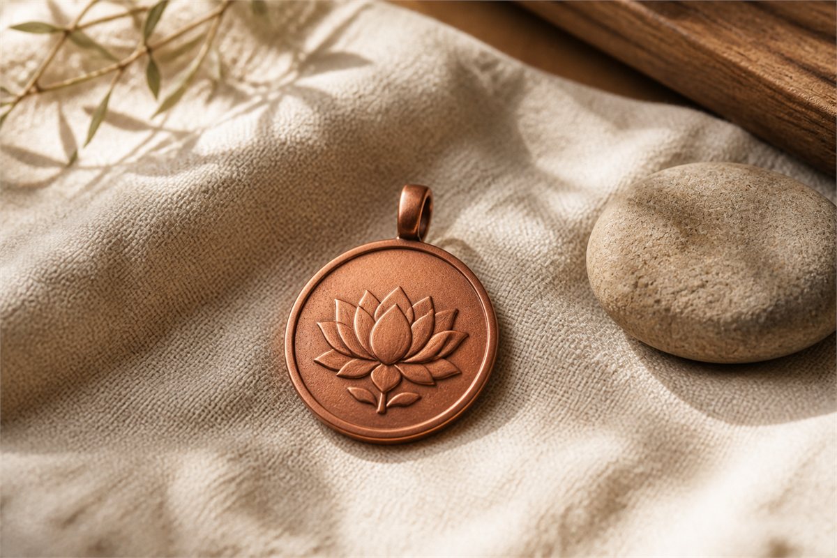 Contemporary copper pendant with a balanced lotus in low relief on ivory linen