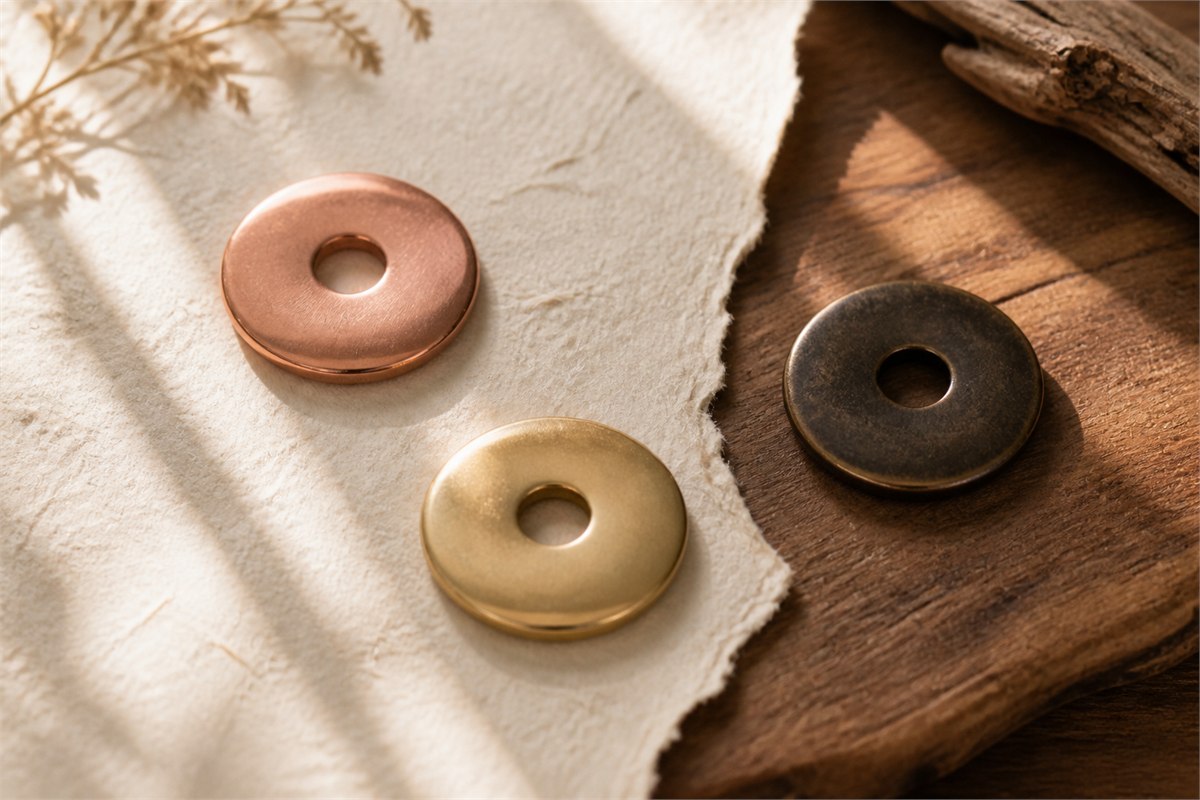 Three matching pendant forms with satin copper, gold-colored, and darkened surfaces