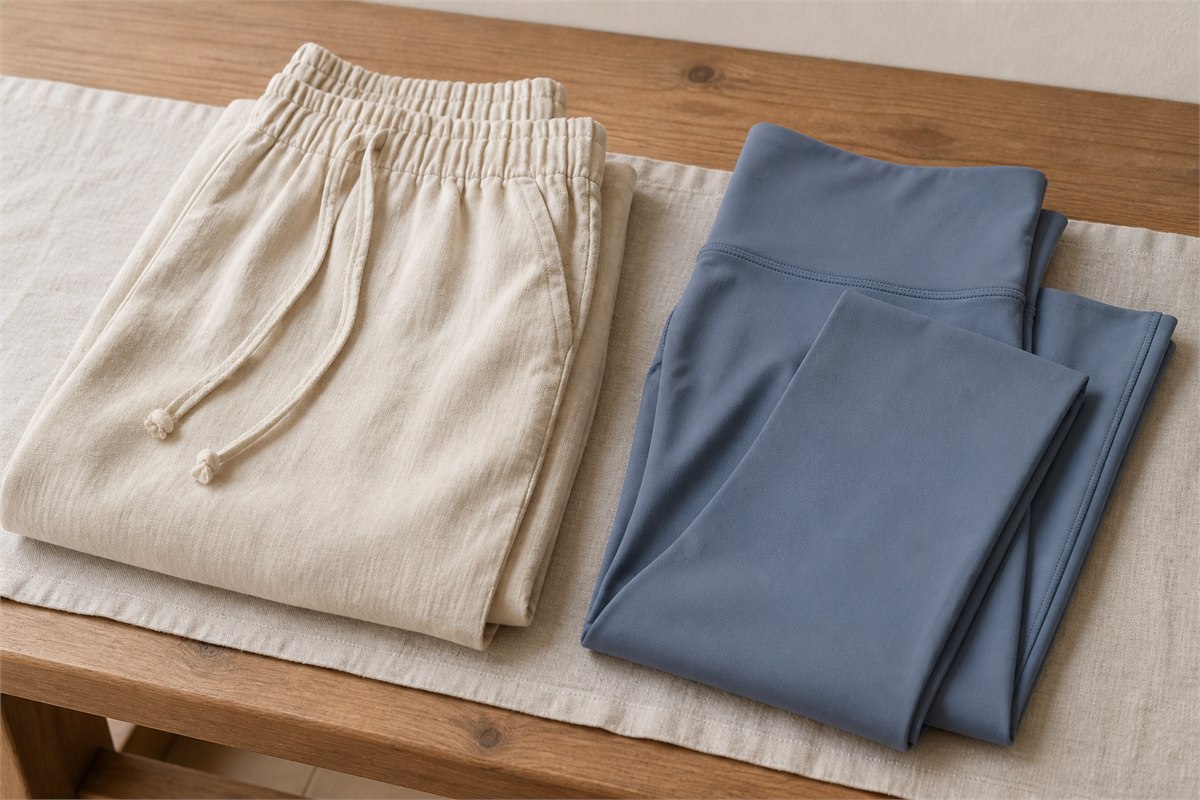 Relaxed oatmeal cotton trousers beside smooth blue stretch leggings in natural light