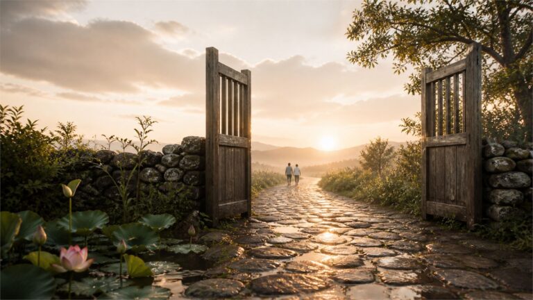 An open wooden gate, lotus pond, and two distant friends walking toward sunrise
