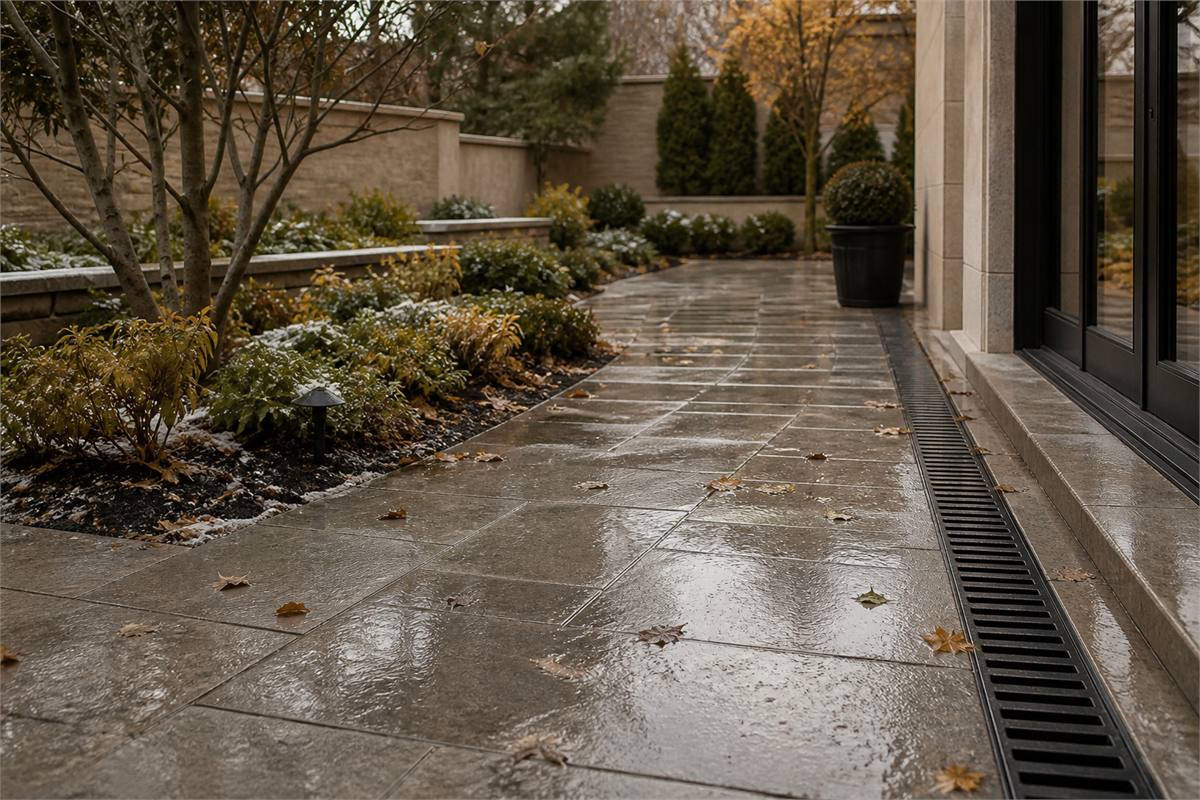 Wet outdoor porcelain courtyard draining beside autumn planting with light frost