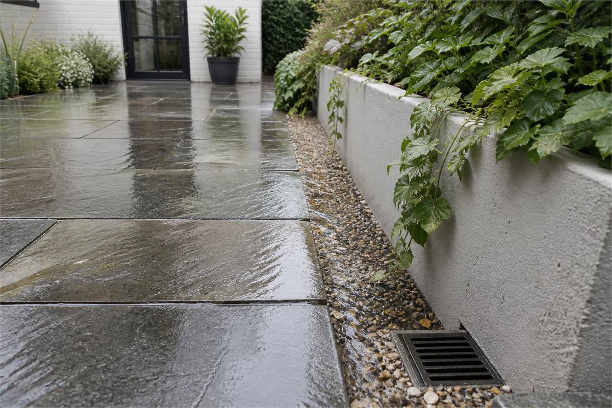 Rainwater crossing a sloped courtyard toward a gravel strip and grated outlet