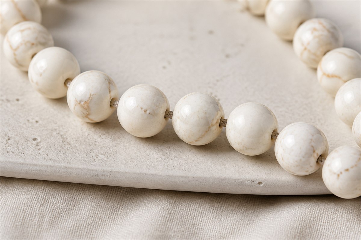 Cream-colored round magnesite beads with sparse tan matrix on warm linen