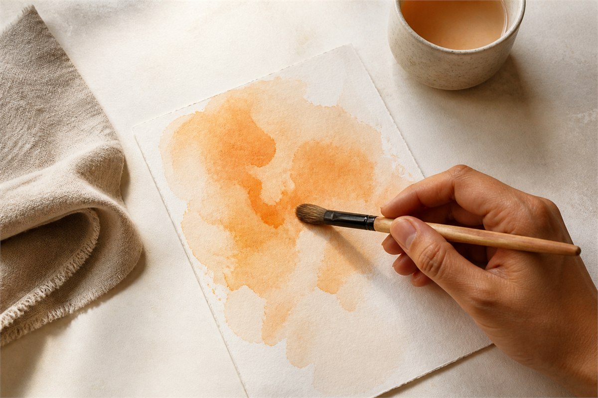 Adult hand holding a paintbrush over an unfinished orange watercolor wash on handmade paper