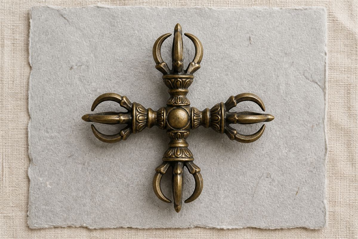 An integrated four-directional crossed vajra in aged bronze on gray handmade paper