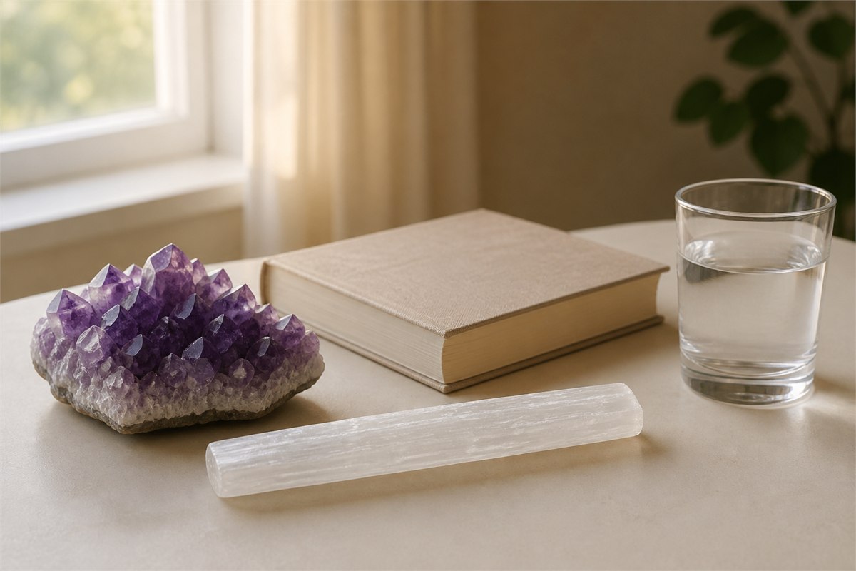 Amethyst cluster and white selenite beside a blank book and glass of water