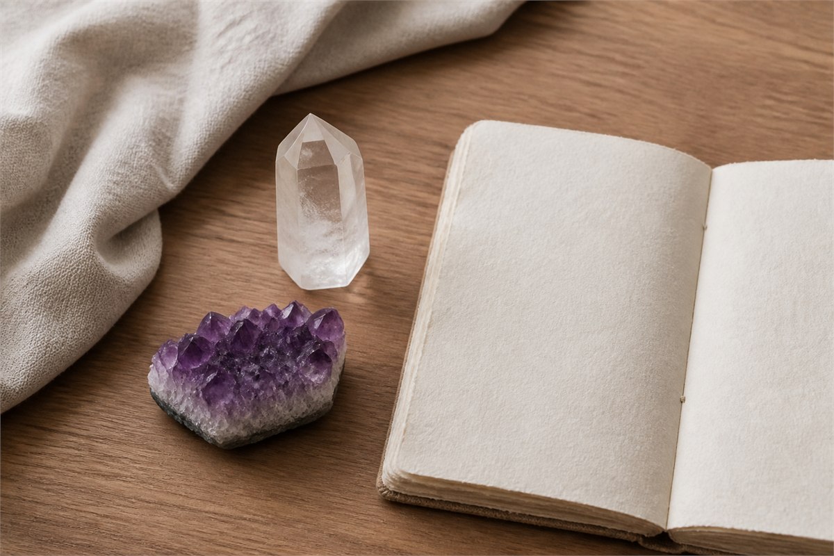 Clear quartz point and purple amethyst cluster beside a blank handmade-paper journal