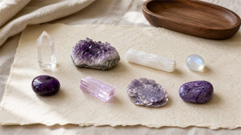 Eight distinct crown chakra gemstones arranged on warm ivory paper in natural light