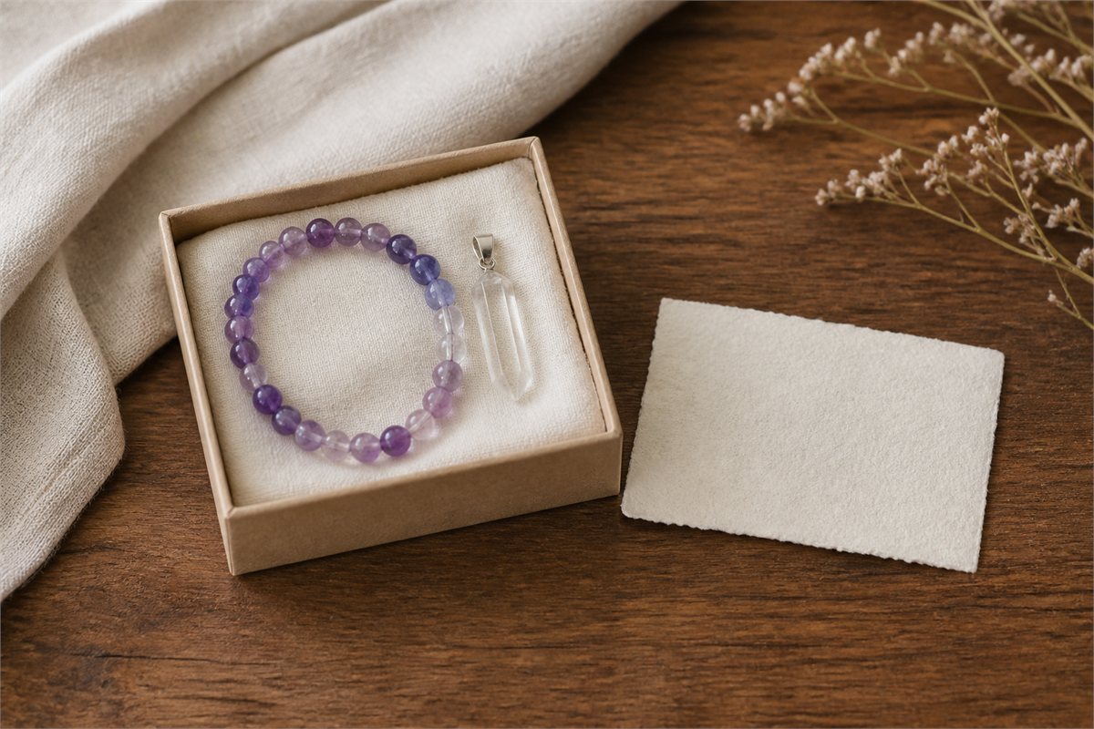 Amethyst bracelet and clear quartz pendant in a neutral gift box beside a blank card