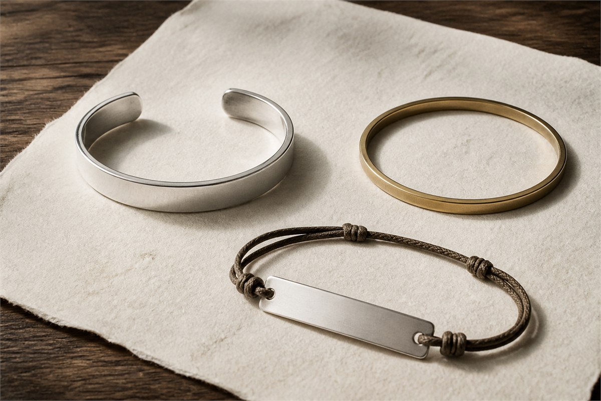 Blank silver cuff, brass bangle, and silver plate bracelet on brown cord