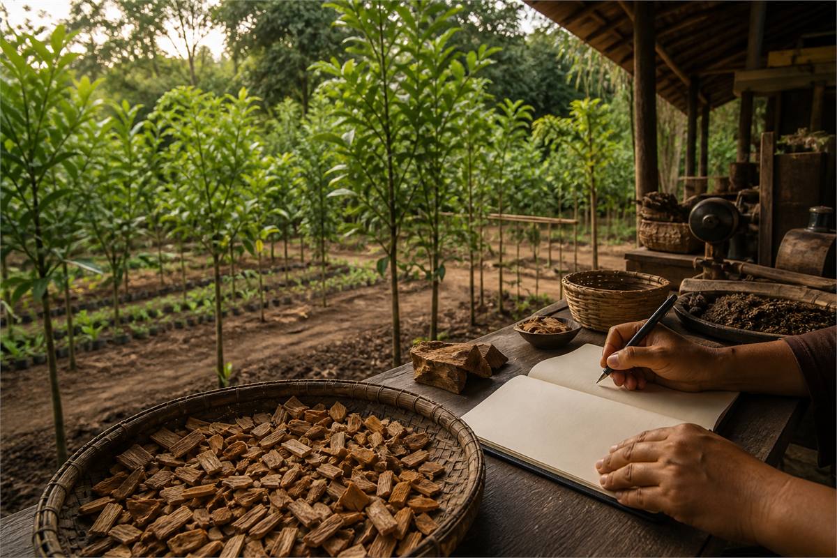 Cultivated young trees beside a workshop table where wood inventory is recorded