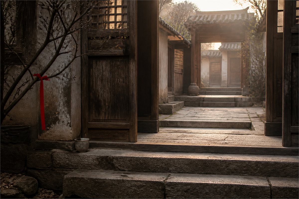 Old wooden courtyard doors and stone thresholds lit by soft morning light