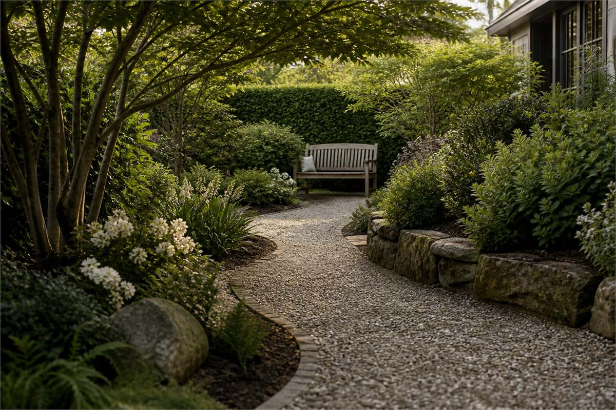 Curving decorative gravel path leading through layered planting toward a garden bench