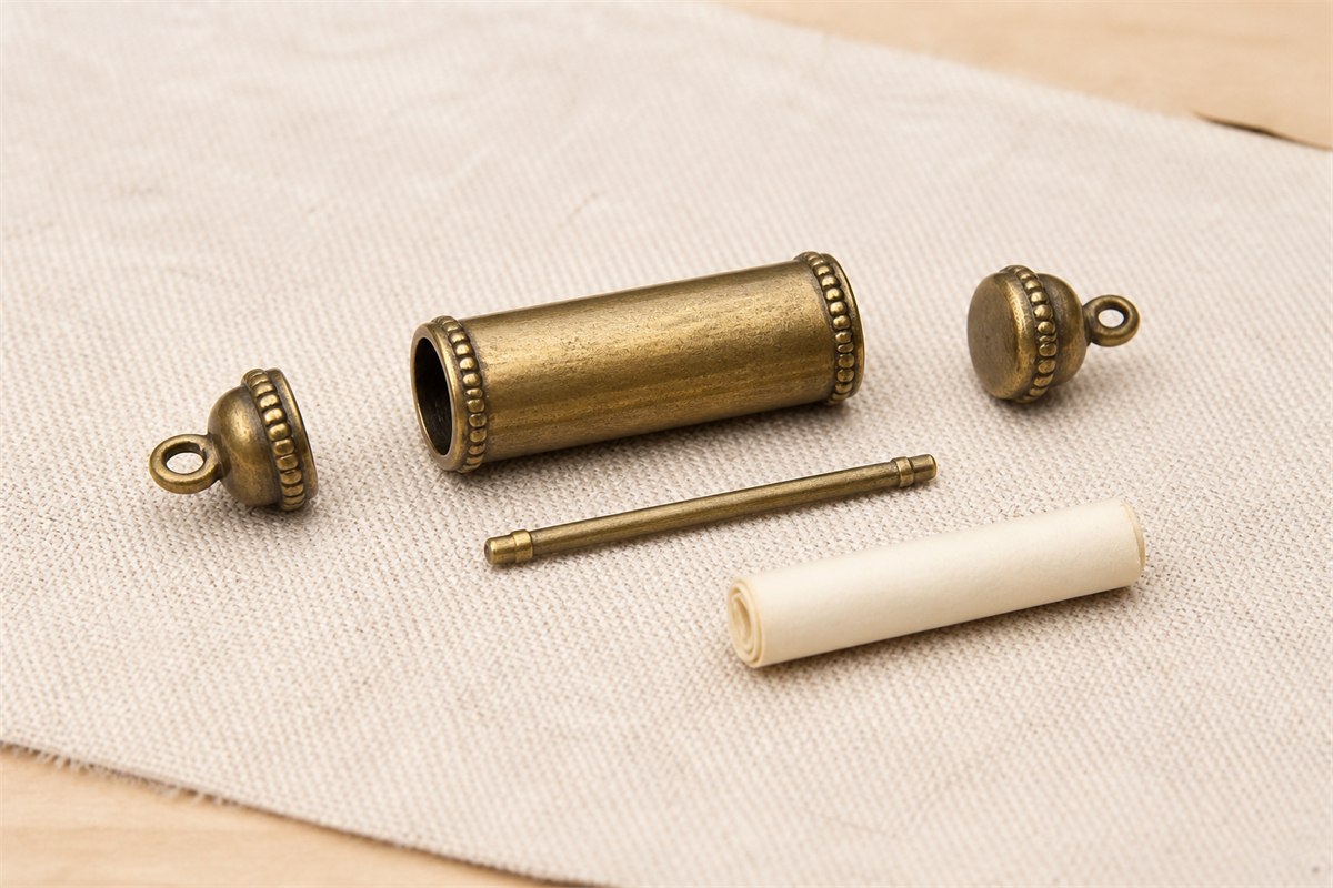 Open blank brass bracelet cylinder with end caps, axle, and unmarked rolled paper arranged on linen