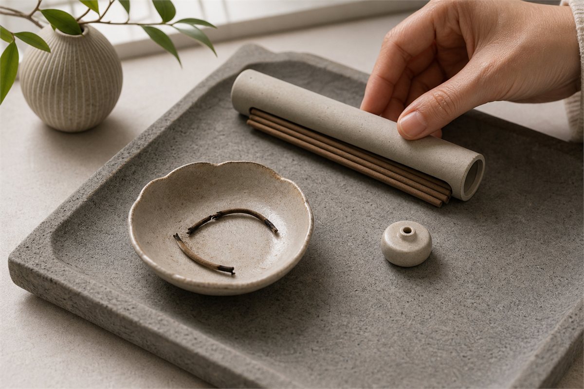 Fully extinguished damaged incense isolated in a ceramic dish while unused sticks are put away
