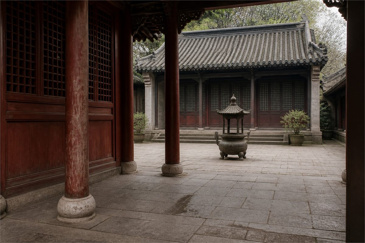 Quiet Daoist temple courtyard with red wooden columns, gray stone paving, and a bronze incense burner