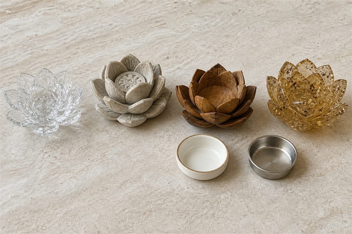 Glass, stone, wood, and resin lotus objects beside separate ceramic and metal inserts