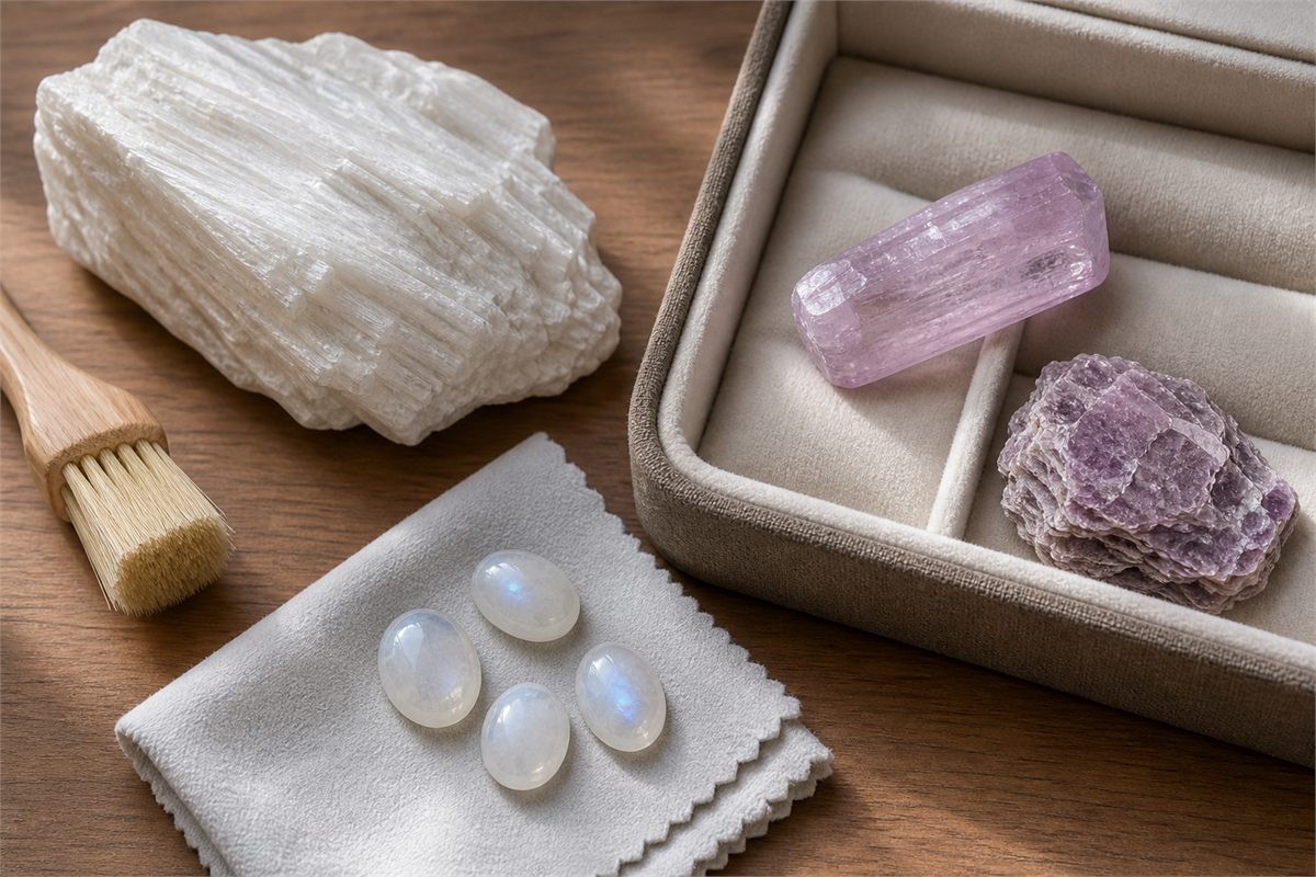 Dry brush, soft cloth, satin-spar gypsum, moonstone, kunzite, and lepidolite in separate care areas