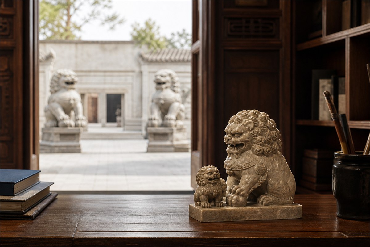 Small large-and-small lion desk carving indoors with paired stone guardian lions visible at a distant doorway