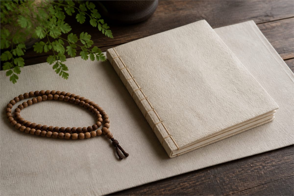 Closed handmade paper folio and wooden prayer beads on a quiet linen-covered table