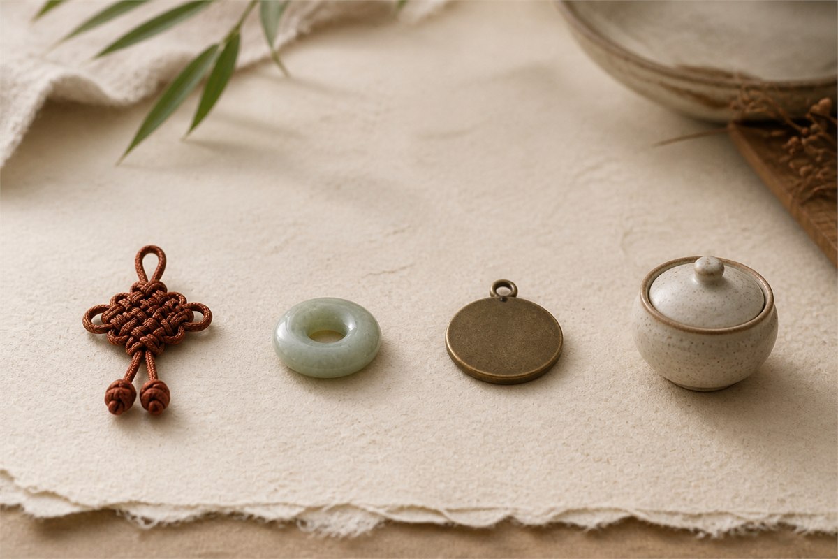 Four distinct blessing objects arranged separately on handmade cream paper