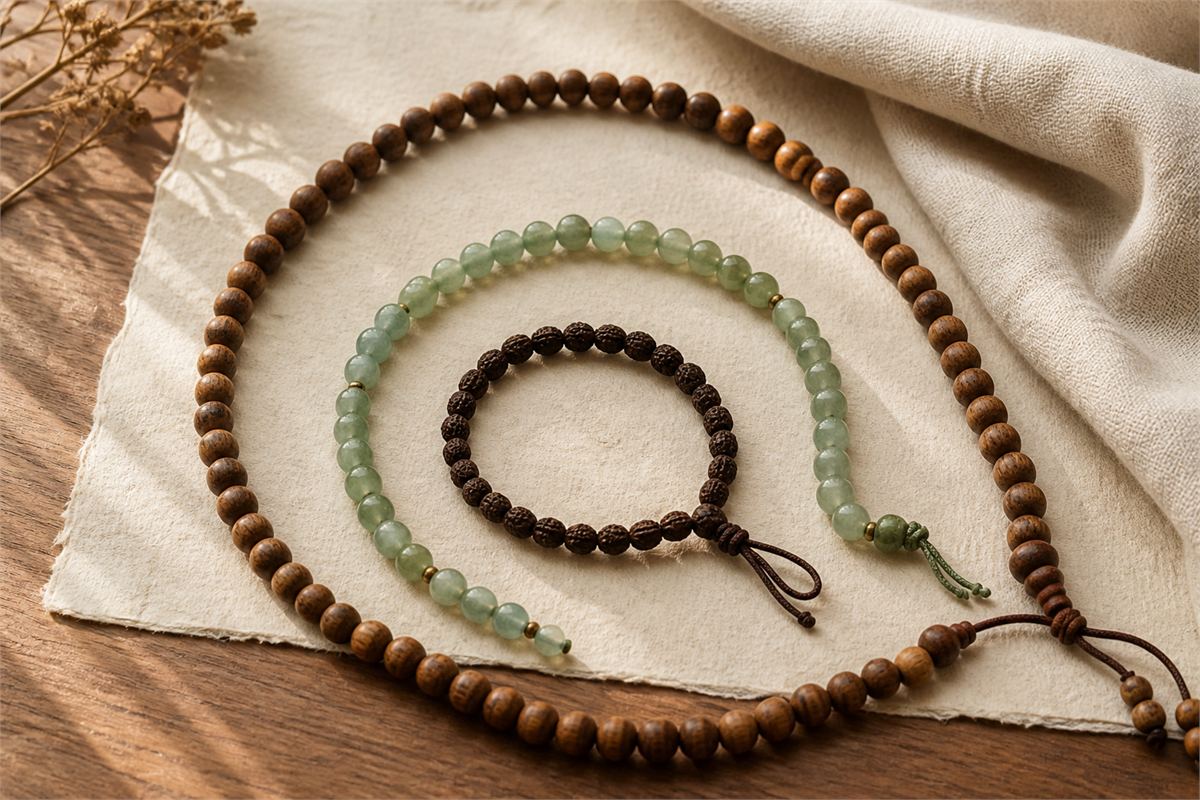 Long wooden strand, medium pale green stone strand, and short dark seed bracelet arranged in separate arcs