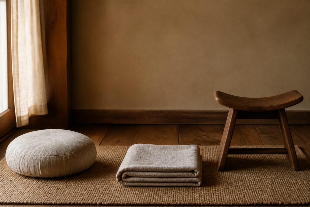 Plain meditation cushion, folded linen, and low wooden seat in a quiet room