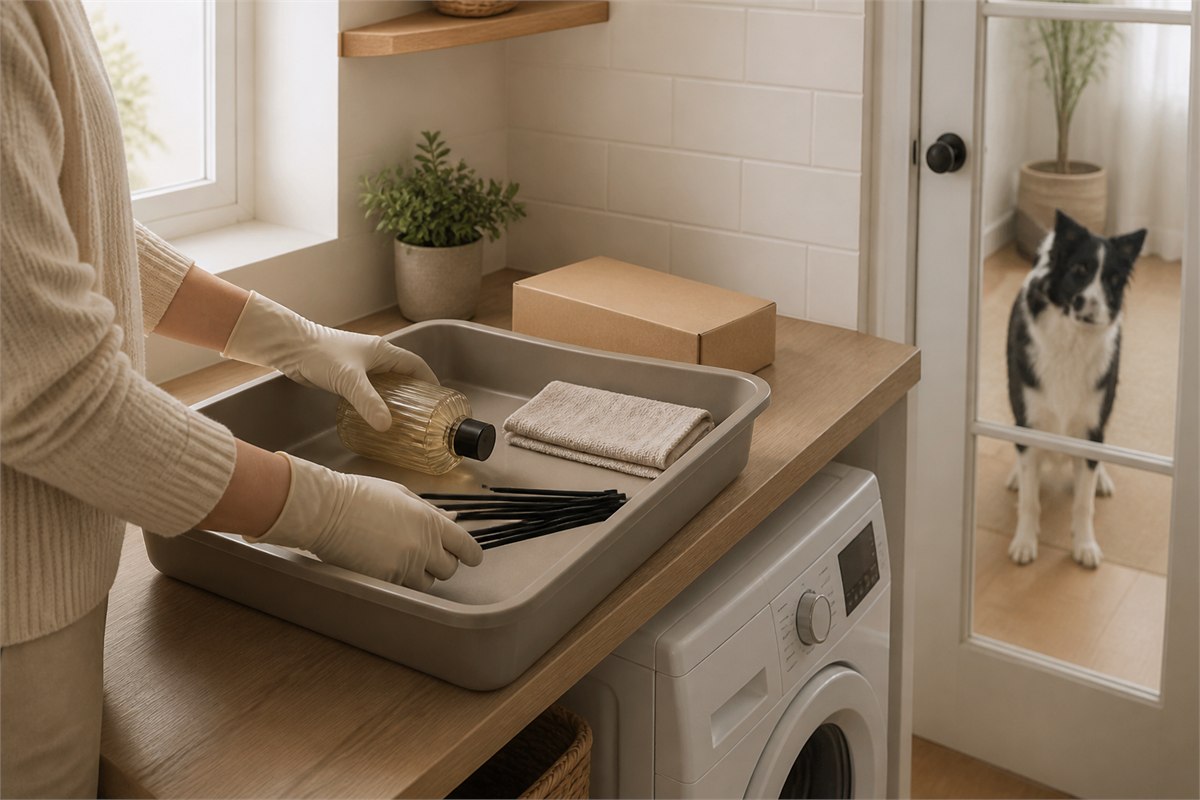 Gloved hands contain an overturned diffuser and reeds while a dog remains behind a closed door
