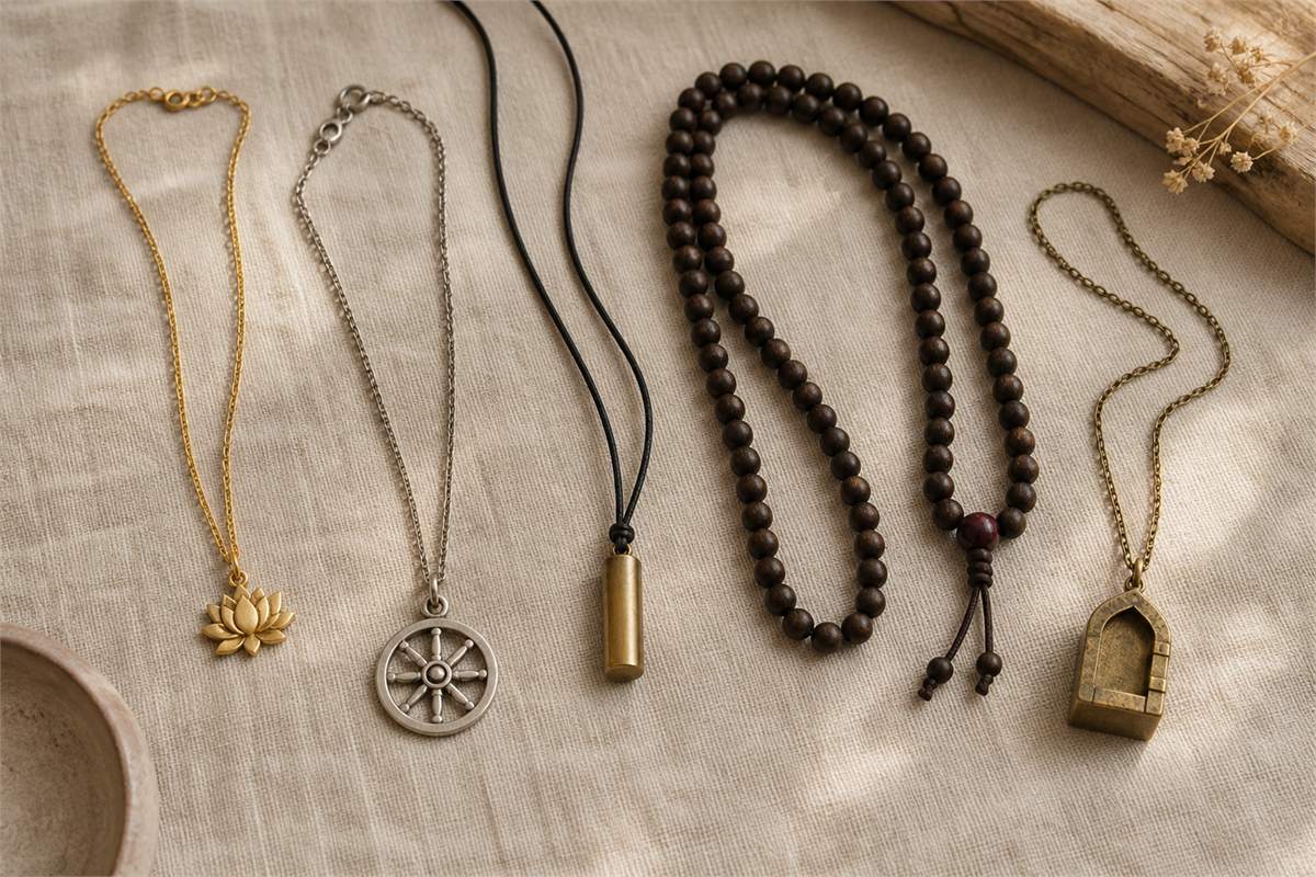 Lotus, eight-spoke wheel, plain cylindrical pendant, wooden bead strand, and closed case pendant displayed separately