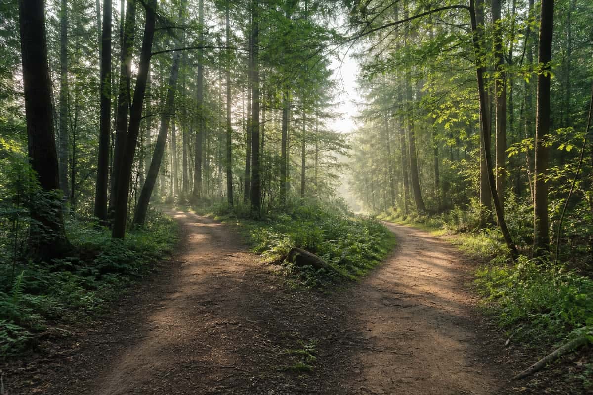 Two woodland paths curving toward the same bright clearing