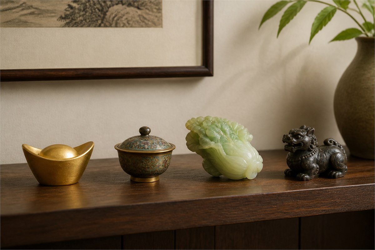 Gold-toned yuanbao, covered bowl, pale jade cabbage carving, and dark Pixiu sculpture displayed separately