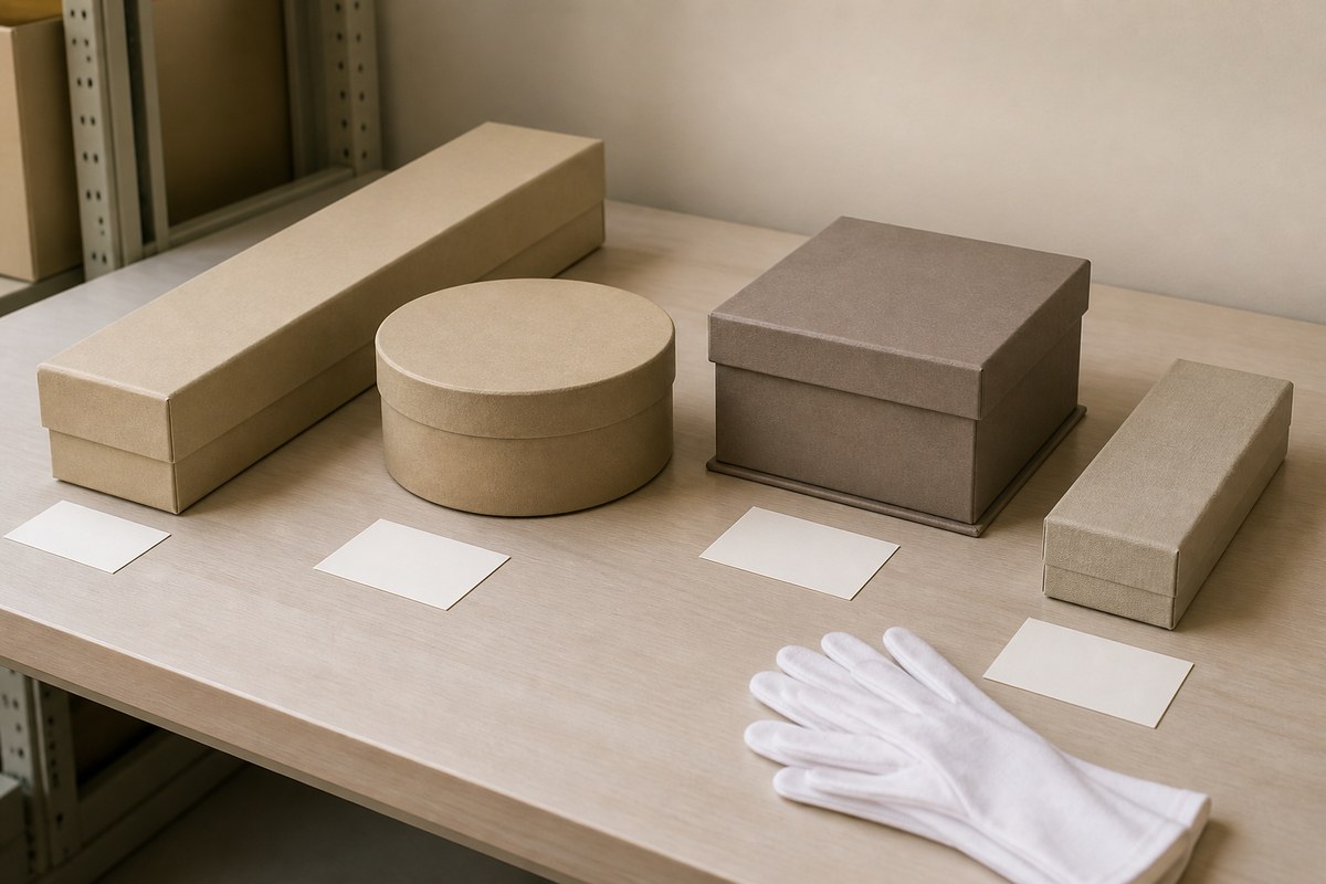 Several closed archival boxes separated on a conservation table.
