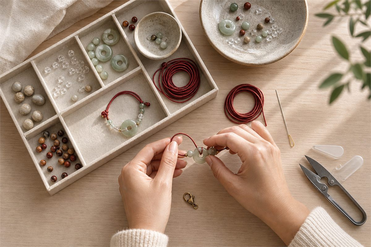 Adult hands assembling a bracelet beside organized beads, cord, needle, clasp, and cutters