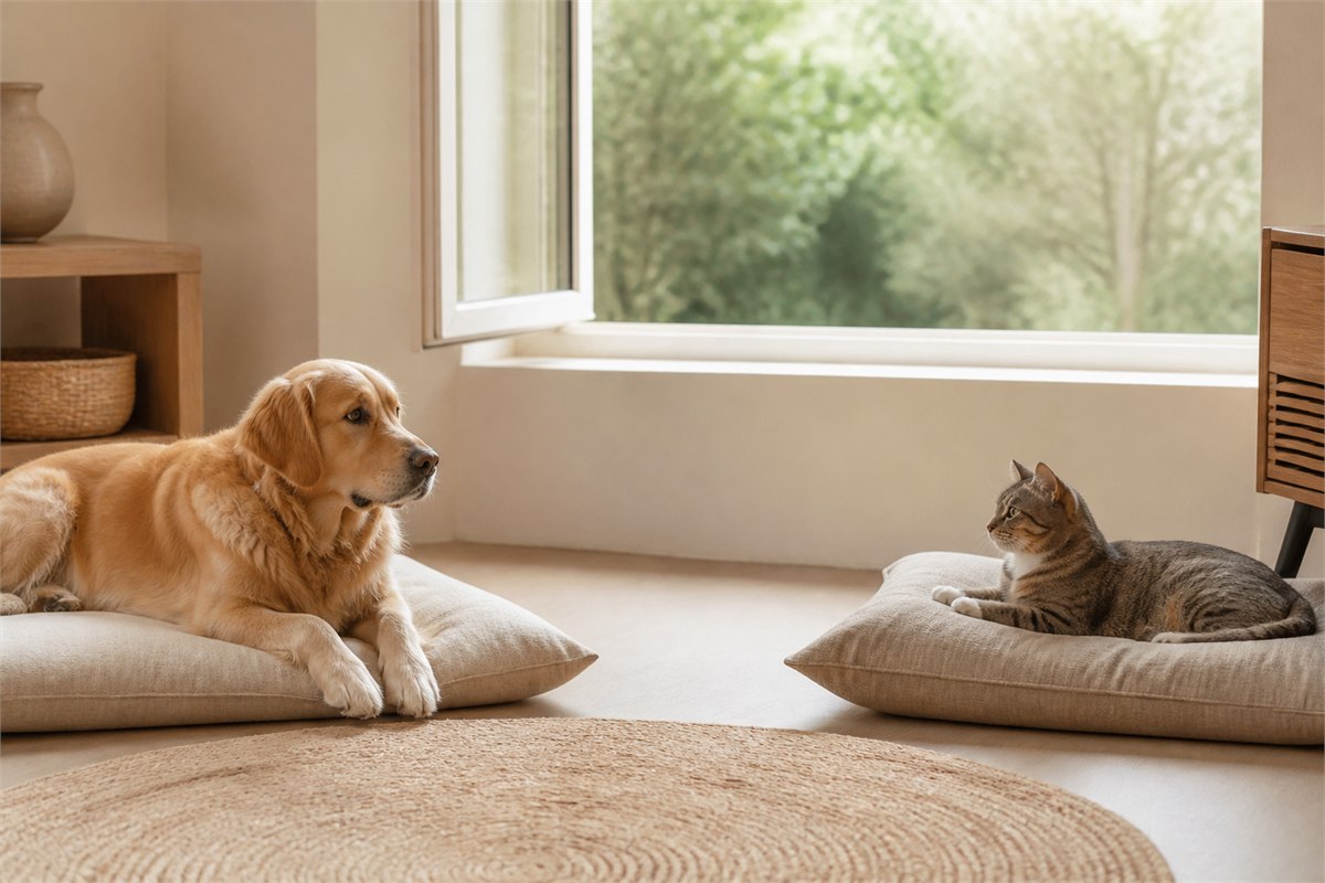Golden retriever and tabby cat resting separately near an open window