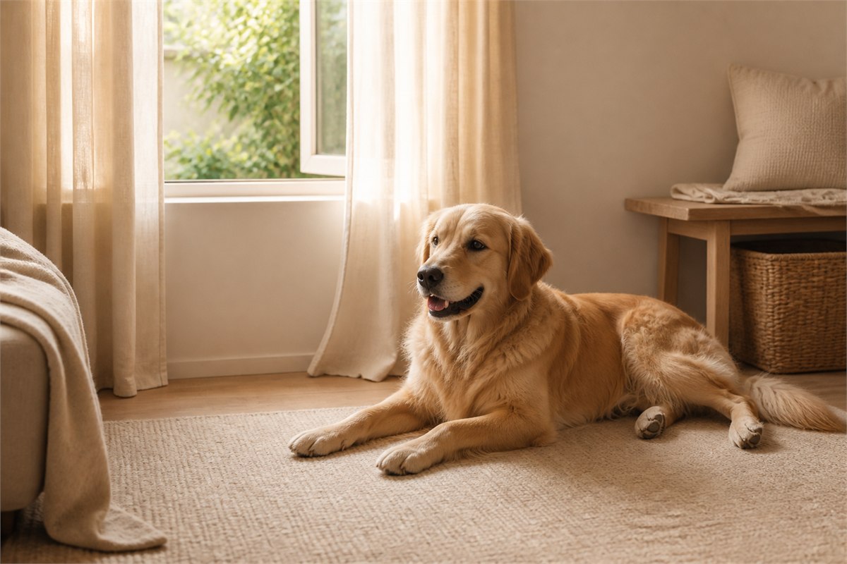 Golden retriever resting in a warm, fragrance-free room beside an open window