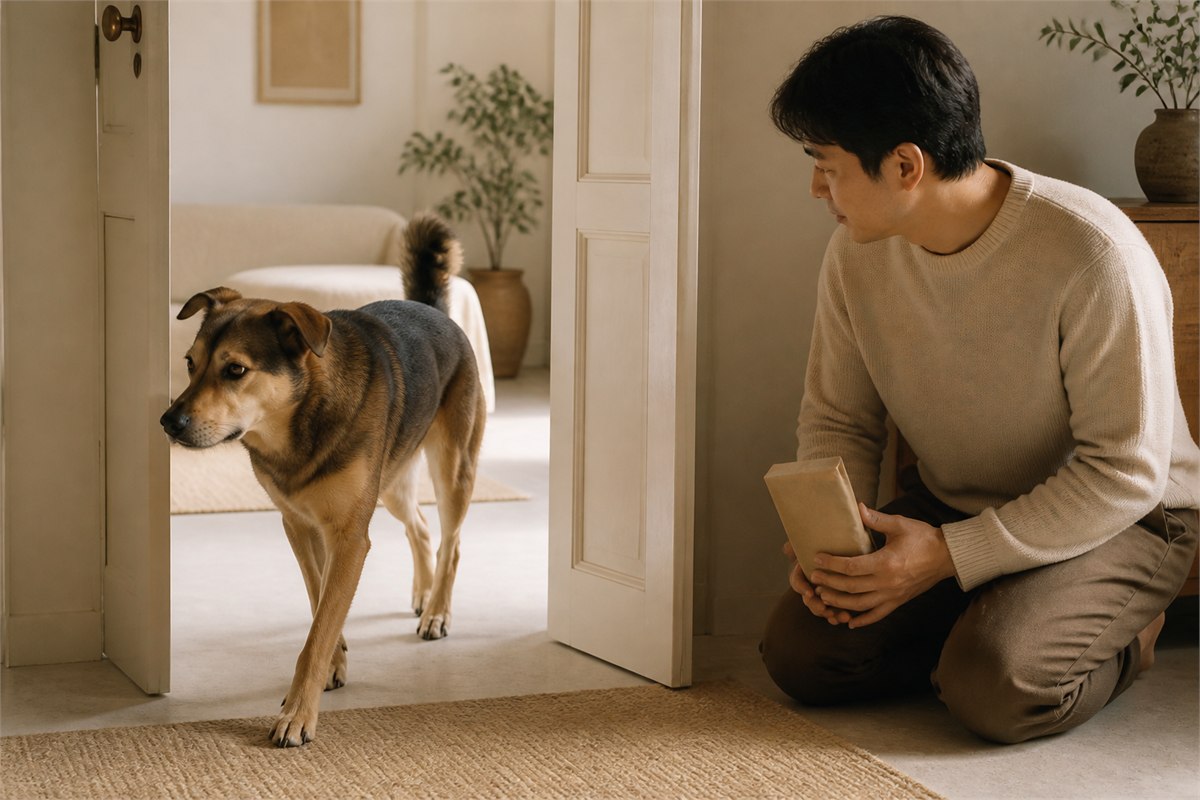 Dog walking through an open doorway while an owner observes and keeps product packaging